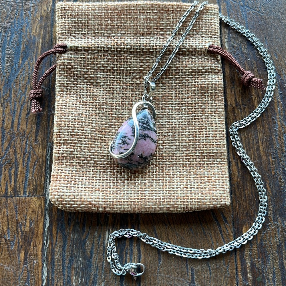 Brand New Rhodonite Pendant with Stainless steel Chain Rhodochrosite Necklace